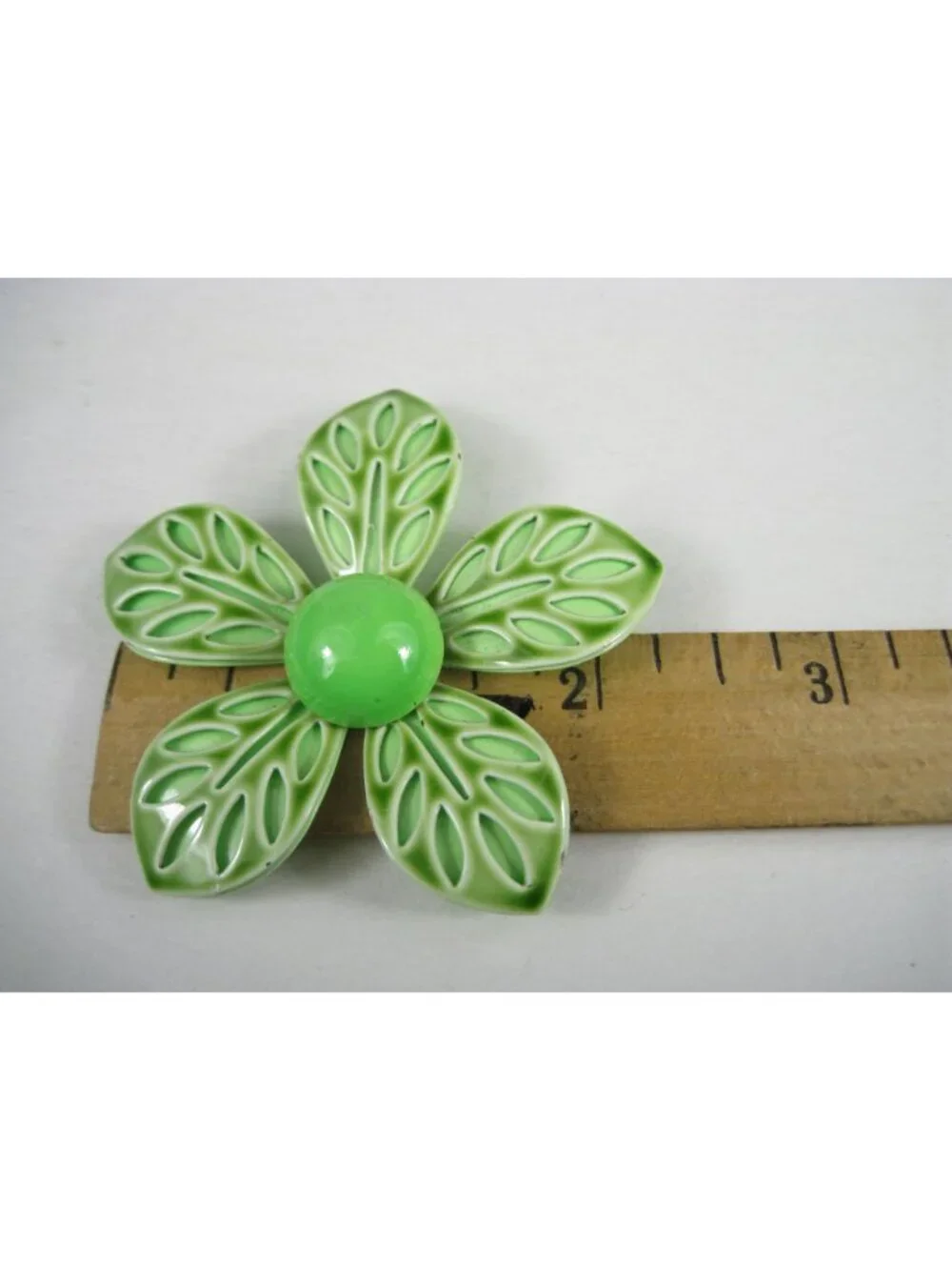Vintage 1960s Green Enamel Flower Leaf Brooch Pin MOD Mid Century Statement